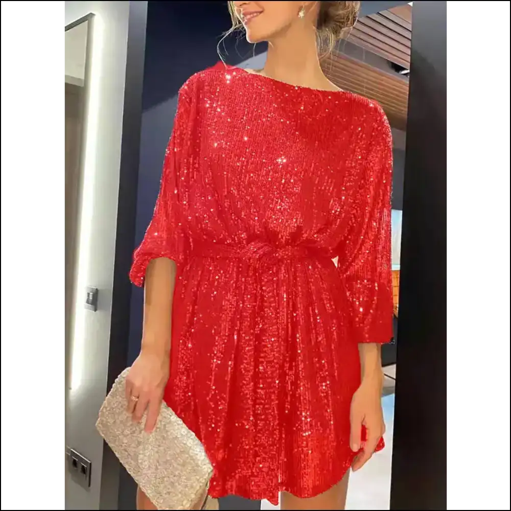 Sequin Tie Waist Mini Dress - Red / s - Dresses