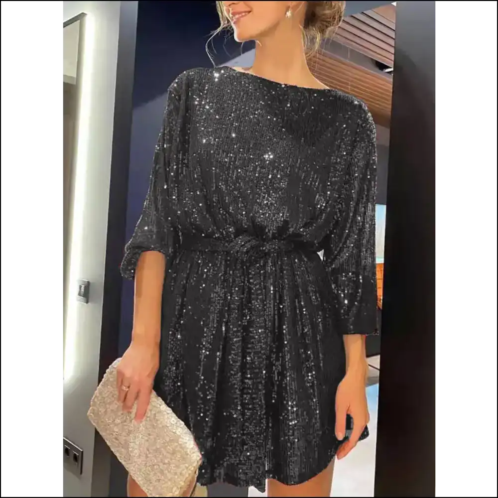 Sequin Tie Waist Mini Dress - Black / s - Dresses