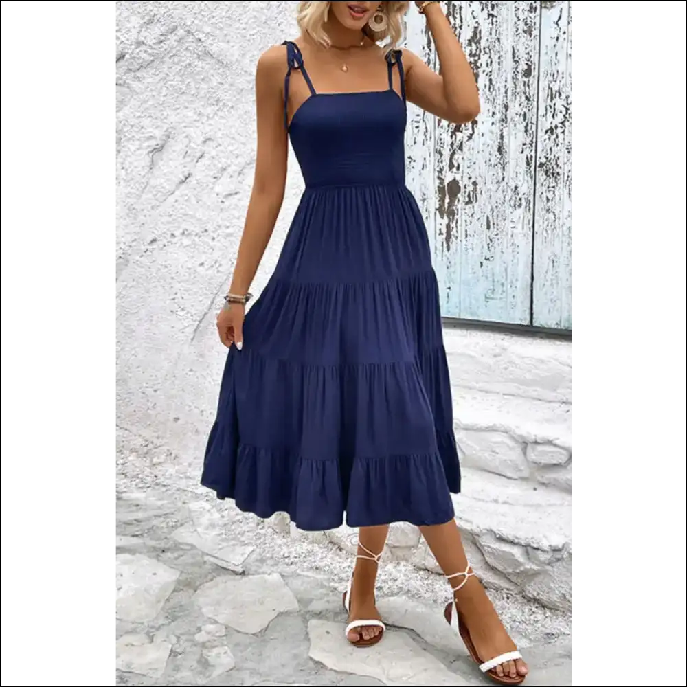Perfee Tie-shoulder Tiered Midi Dress - Dark Blue / s - Dresses
