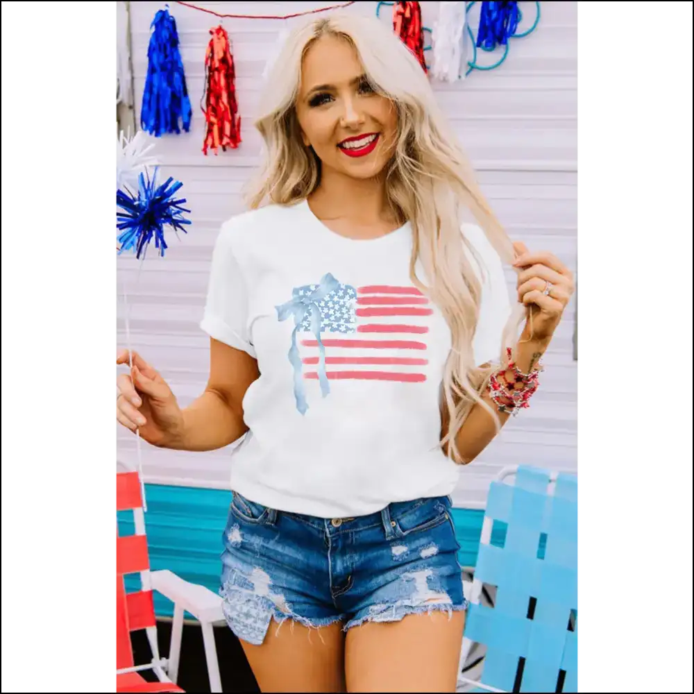 Patriotic Bow Knot White Tee - Graphic Tees