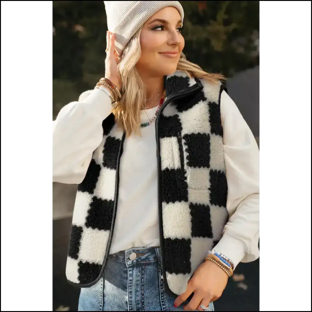 Black Checkered Sherpa Vest: Needful Things’ Cozy Hug! 🖤 Jackets