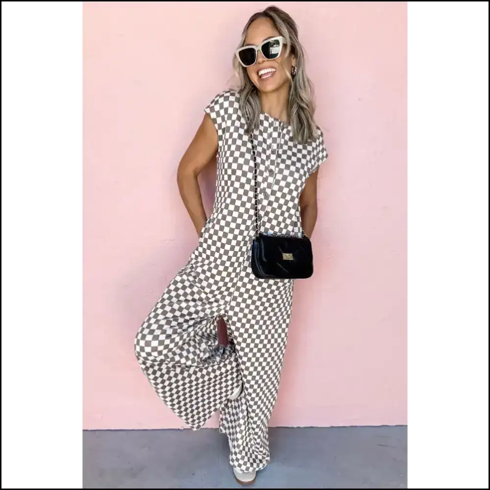 Khaki Checkered Jumpsuit: your Buttoned Crew Neck Style Bff from Needful Things! π Jumpsuits
