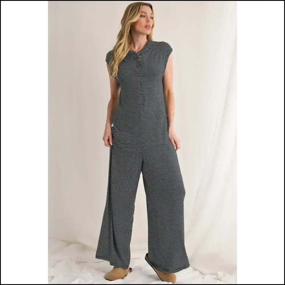 Striped Button Sleeveless Jumpsuit: from Zero to Hero Black White / s Jumpsuits