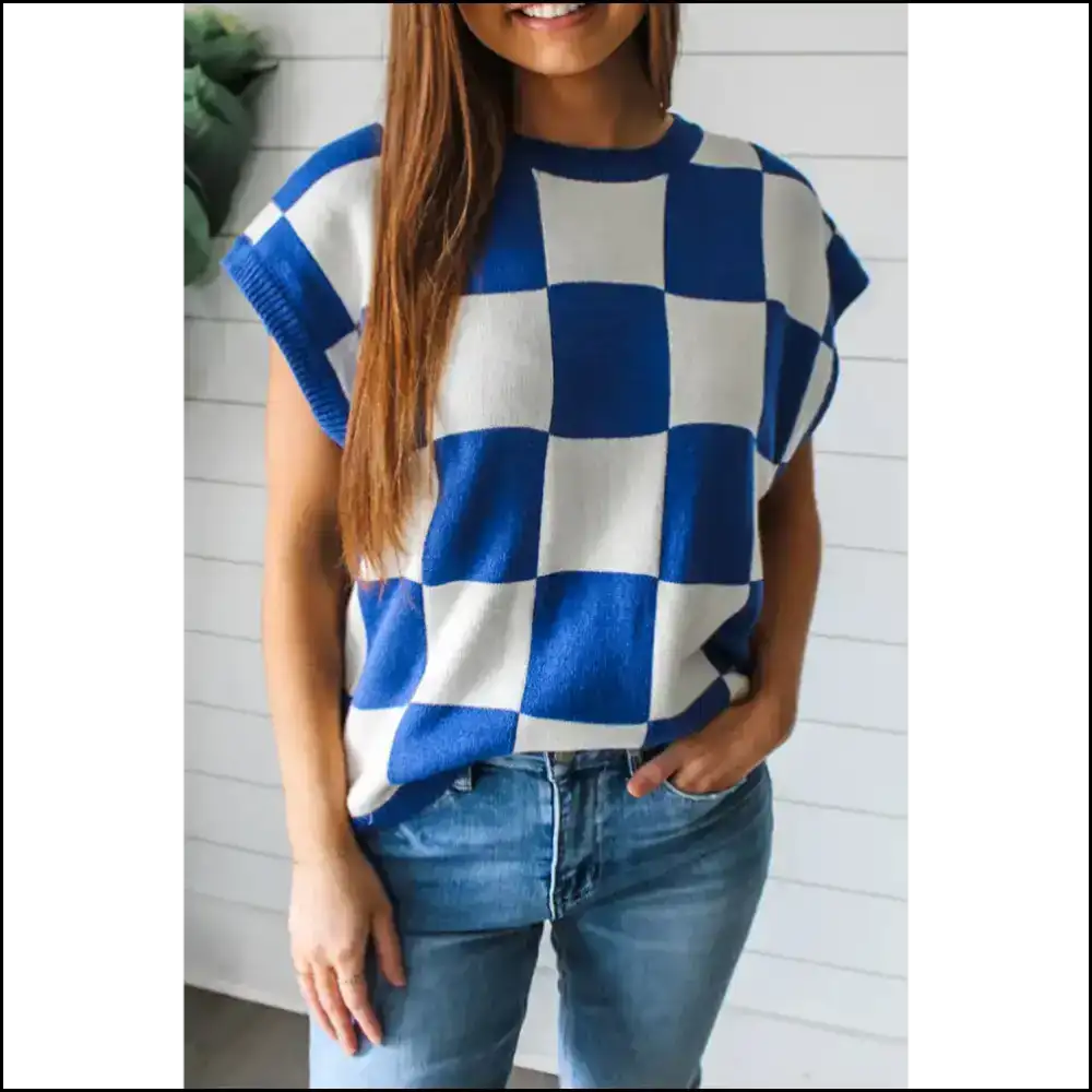Blue Checkered Knit Top: so Comfy Itβs Almost Illegal! π - Dark / s - Tops