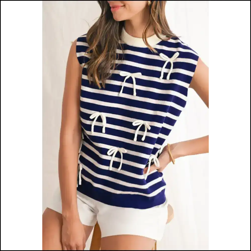 Knit Happens: Chic Blue Striped Bow Top so Good It’s Knot Funny! Needful Things - s - Tops