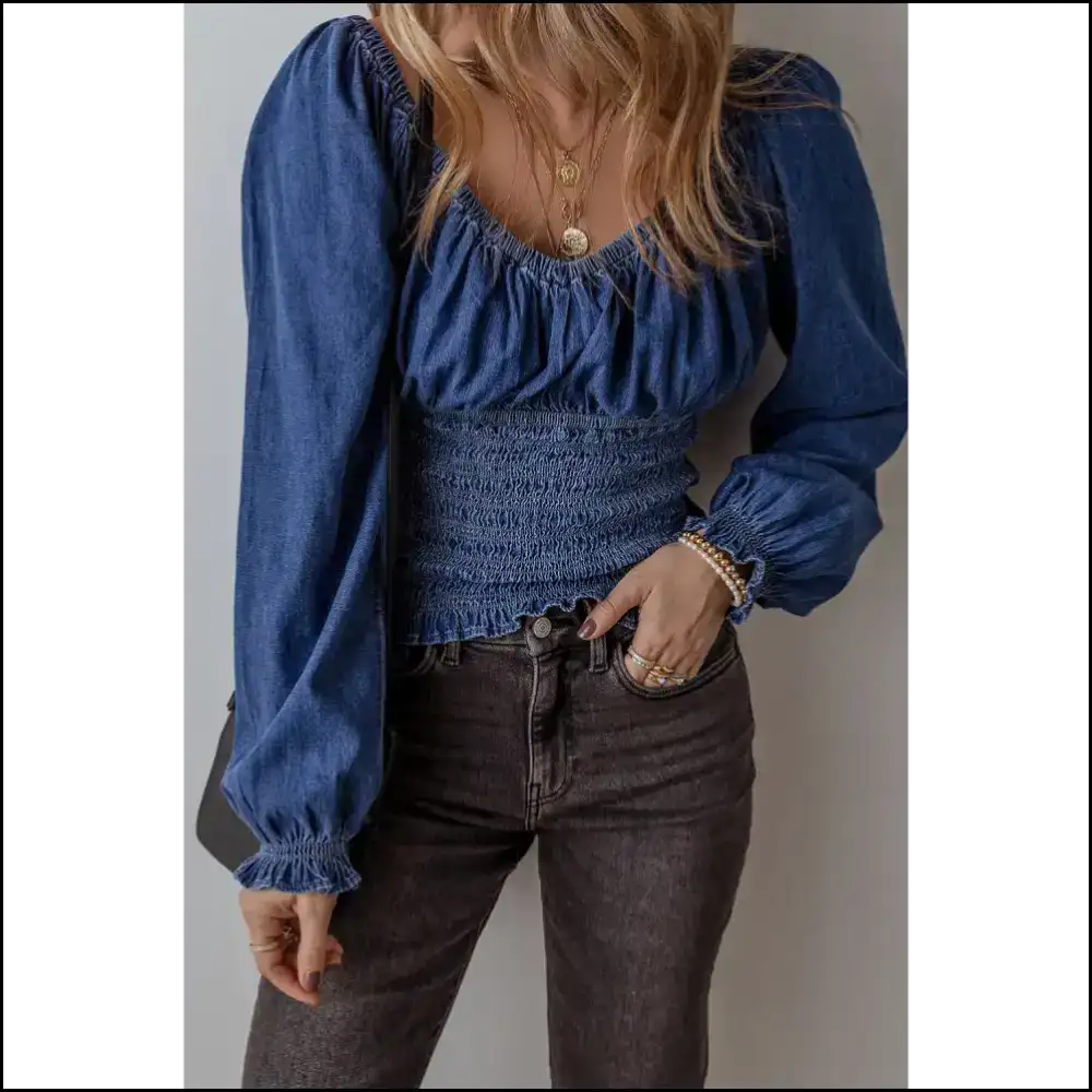 Blue Smocked Top: Dangerously Cute from Needful Things! π - Dark / s - Long Sleeve Tops