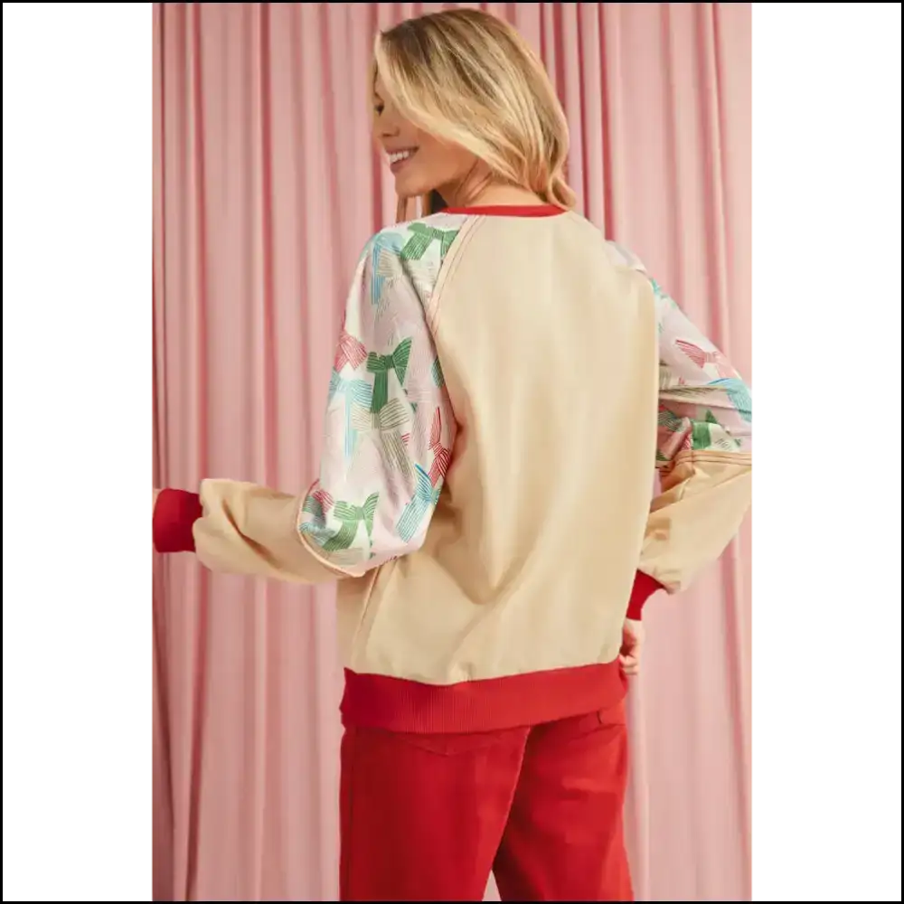 Beige Bowknot Print Top: so Fancy You’ll Die 🎀 Needful Things - Long Sleeve Tops