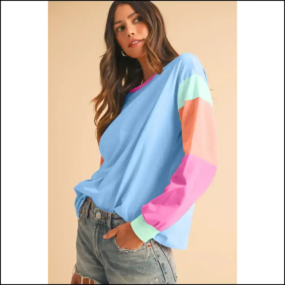 Blue Color Block Top: Dance Like no one Sees your Stains! Needful Things. π - Pink / s - Long Sleeve Tops