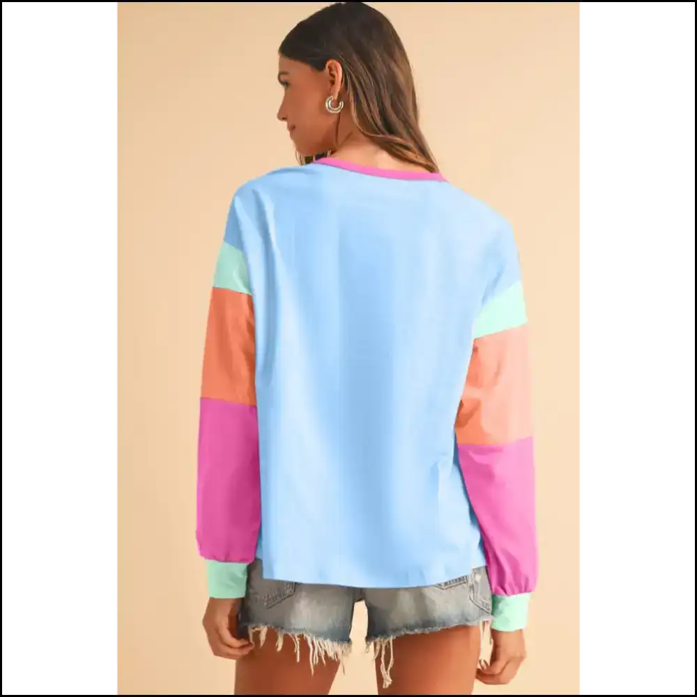 Blue Color Block Top: Dance Like no one Sees your Stains! Needful Things. π - Long Sleeve Tops