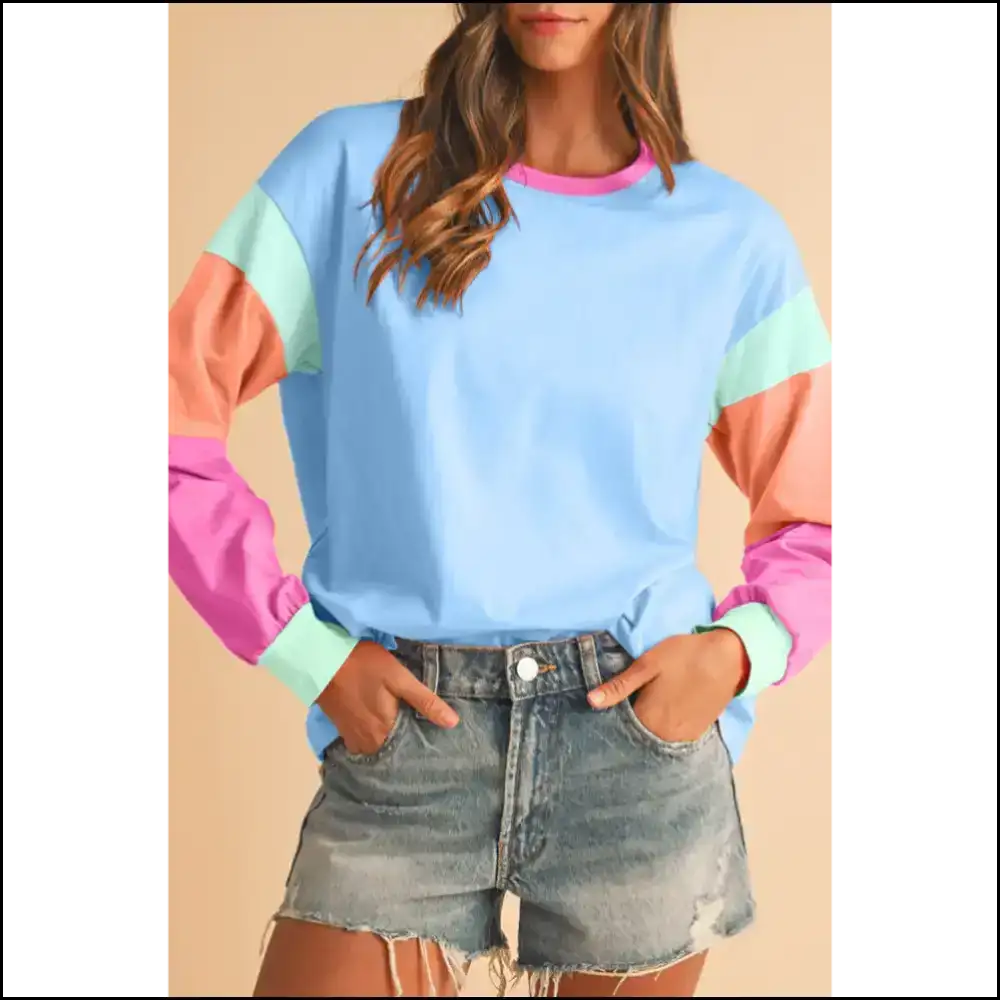 Blue Color Block Top: Dance Like no one Sees your Stains! Needful Things. π - Dark / s - Long Sleeve Tops