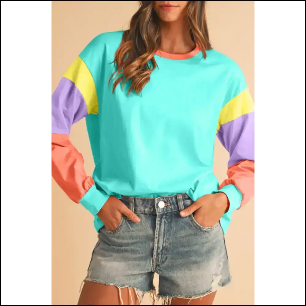 Blue Color Block Top: Dance Like no one Sees your Stains! Needful Things. π - Long Sleeve Tops