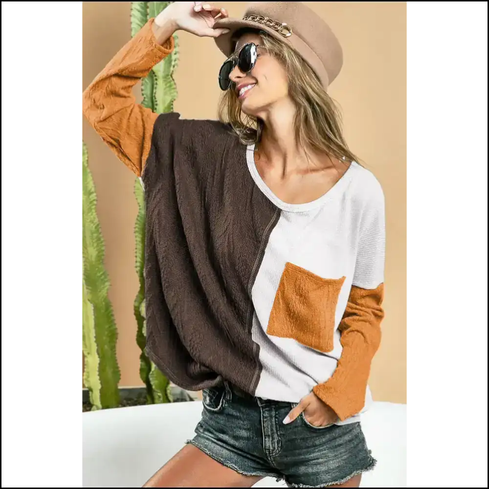 Brown Color Block Top: Chic or Die Trying ☕ Needful Things - Long Sleeve Tops
