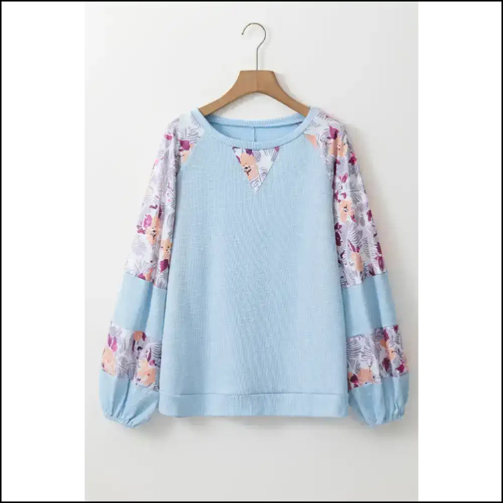 Beau Blue Crinkle Rib Floral Balloon Sleeve: so Cute it Hurts 💙🌼 - Apricot / s - Long Sleeve Tops