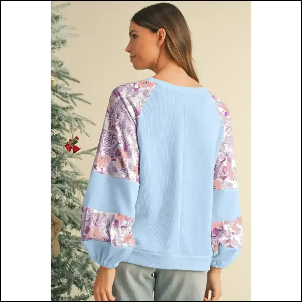 Beau Blue Crinkle Rib Floral Balloon Sleeve: so Cute it Hurts 💙🌼 - Long Sleeve Tops