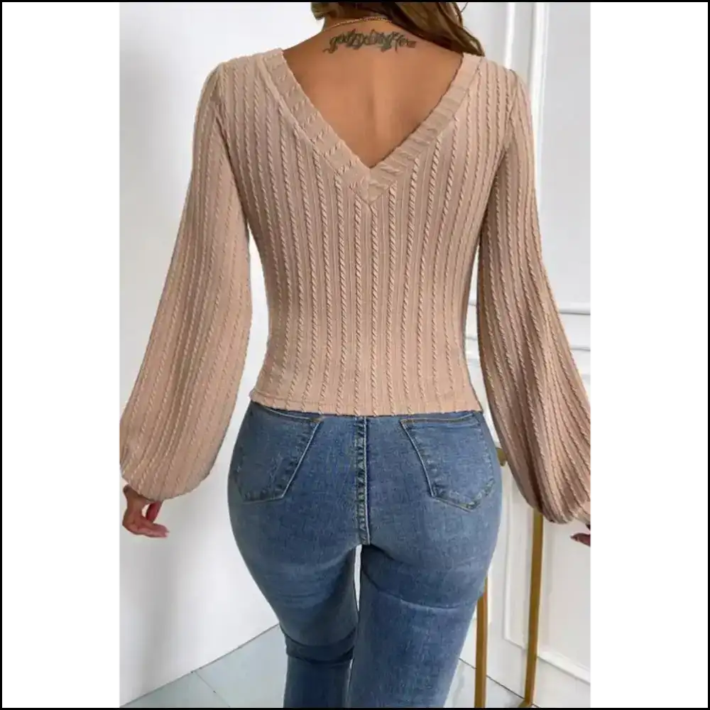 Khaki Knitted v Neck Lantern Sleeve: Fashion Hugs & Side Eyes π - Long Sleeve Tops