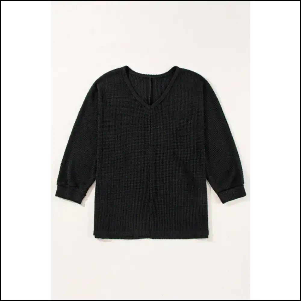 Black Wfle Knit v Neck: so Chic It’s Basically Magic ✨ - Long Sleeve Tops