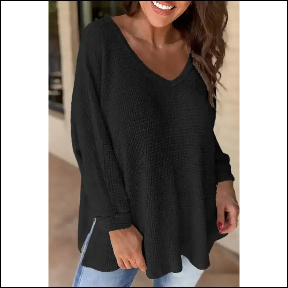 Black Wfle Knit v Neck: so Chic It’s Basically Magic ✨ - s - Long Sleeve Tops