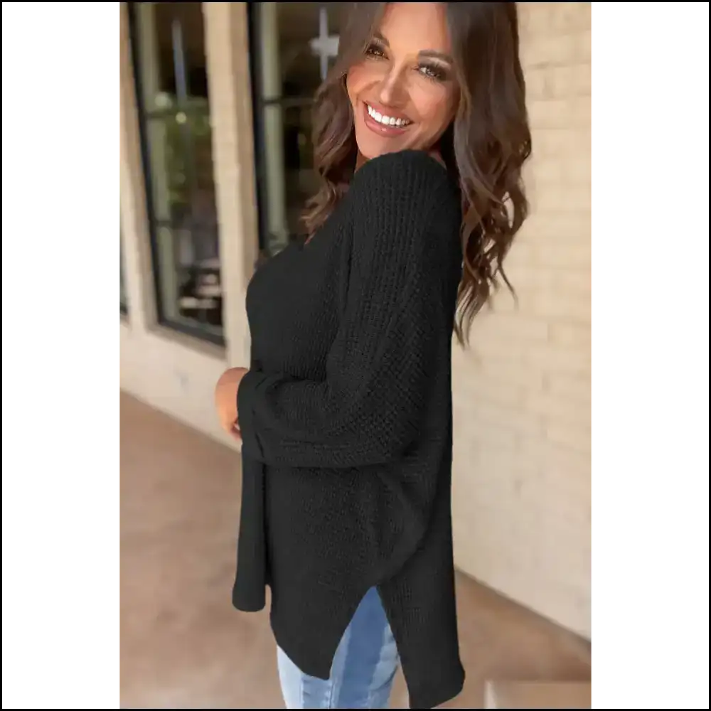 Black Wfle Knit v Neck: so Chic It’s Basically Magic ✨ - Long Sleeve Tops