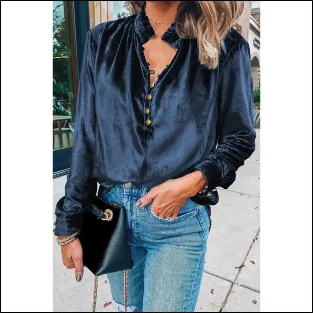 Navy Blue Frilled: Feeling Fancy in Needful Things Velvet π - Green / s - Long Sleeve Tops