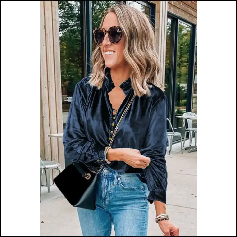 Navy Blue Frilled: Feeling Fancy in Needful Things Velvet π - Long Sleeve Tops