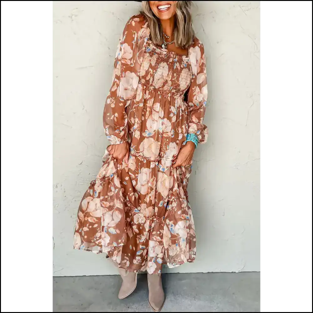 Brown Floral Shirred Square Maxi Dress: Instant Fabulous! Needful Things ๐ / s Dresses