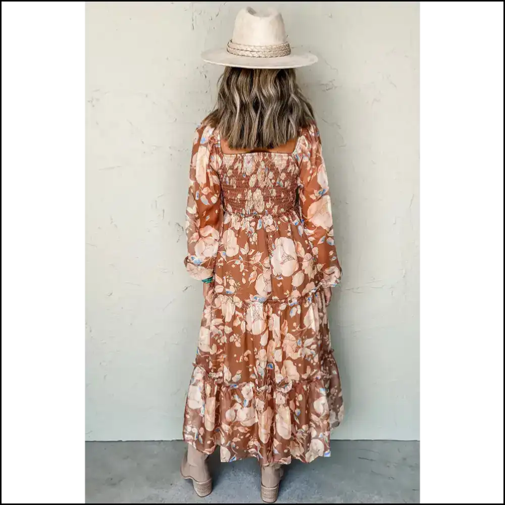 Brown Floral Shirred Square Maxi Dress: Instant Fabulous! Needful Things ๐ Dresses