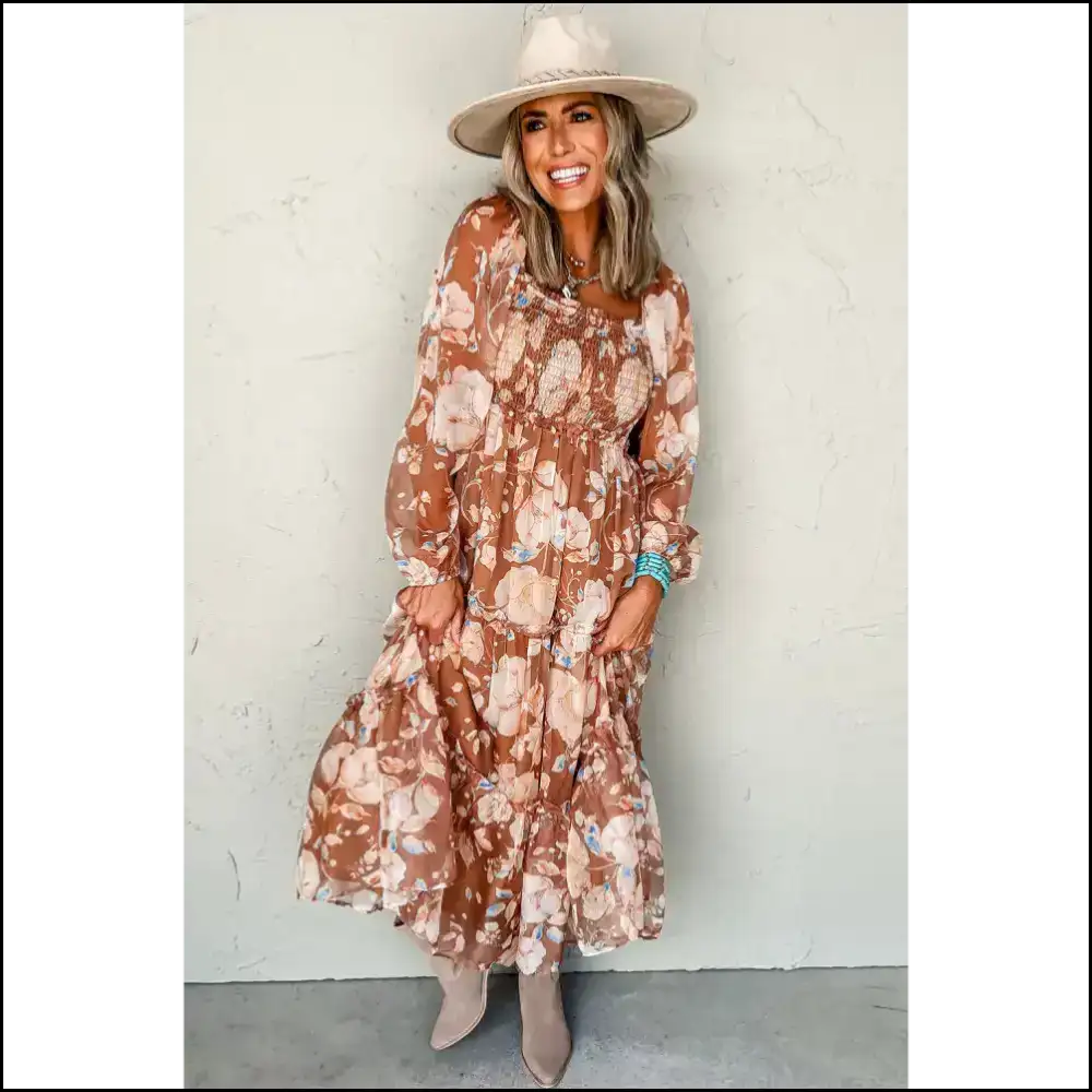 Brown Floral Shirred Square Maxi Dress: Instant Fabulous! Needful Things ๐ Dresses