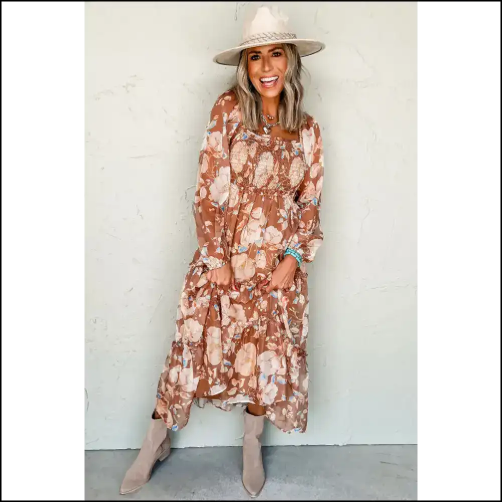 Brown Floral Shirred Square Maxi Dress: Instant Fabulous! Needful Things ๐ Dresses