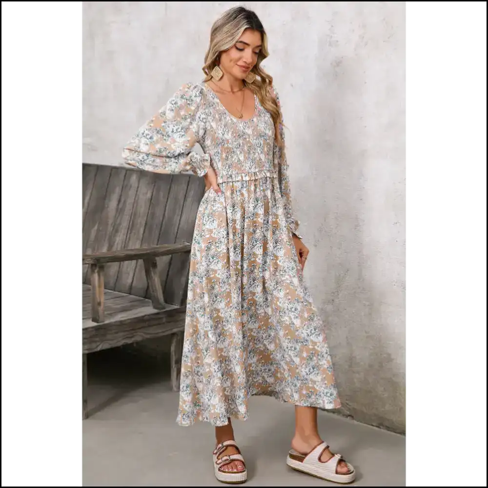 Khaki Floral Smocked Maxi Dress: Goddess (but Make it Khaki) 🌻 Dresses