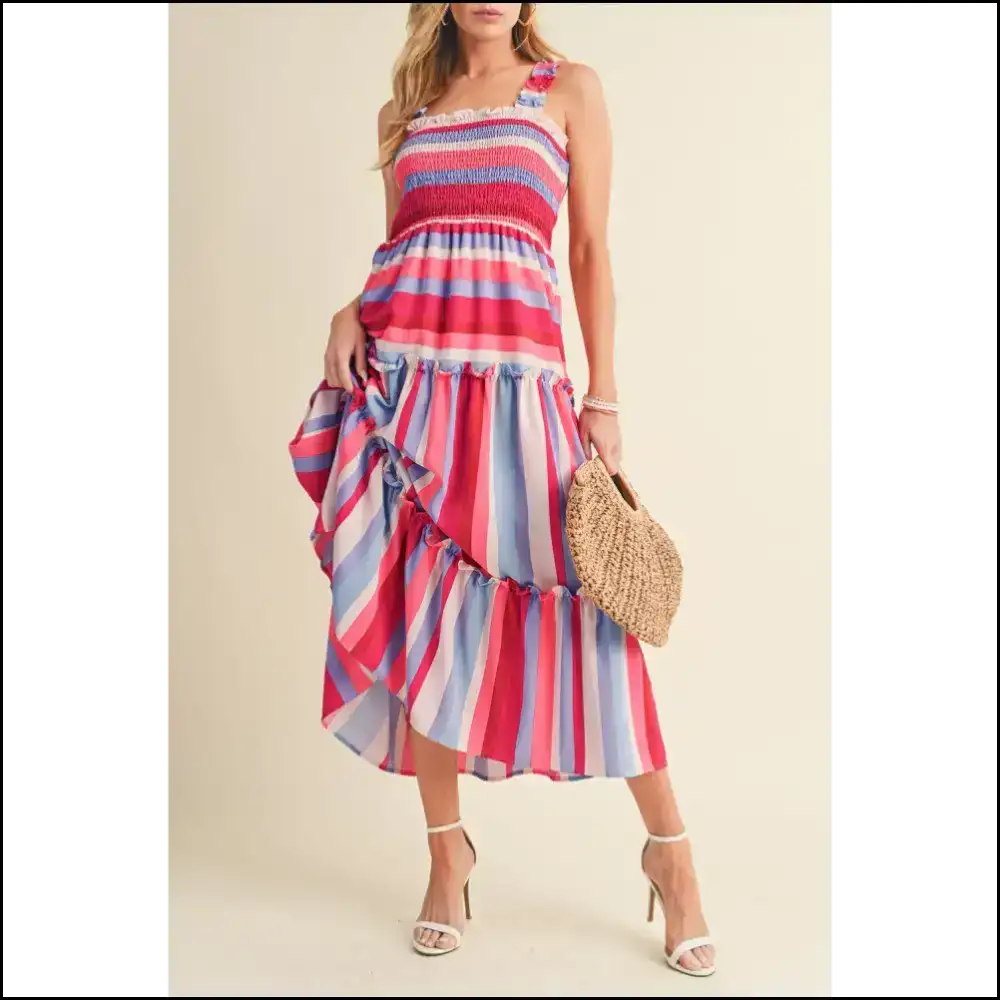 Red Stripe Ruffled Midi Dress: Garden Twirls π / s Dresses