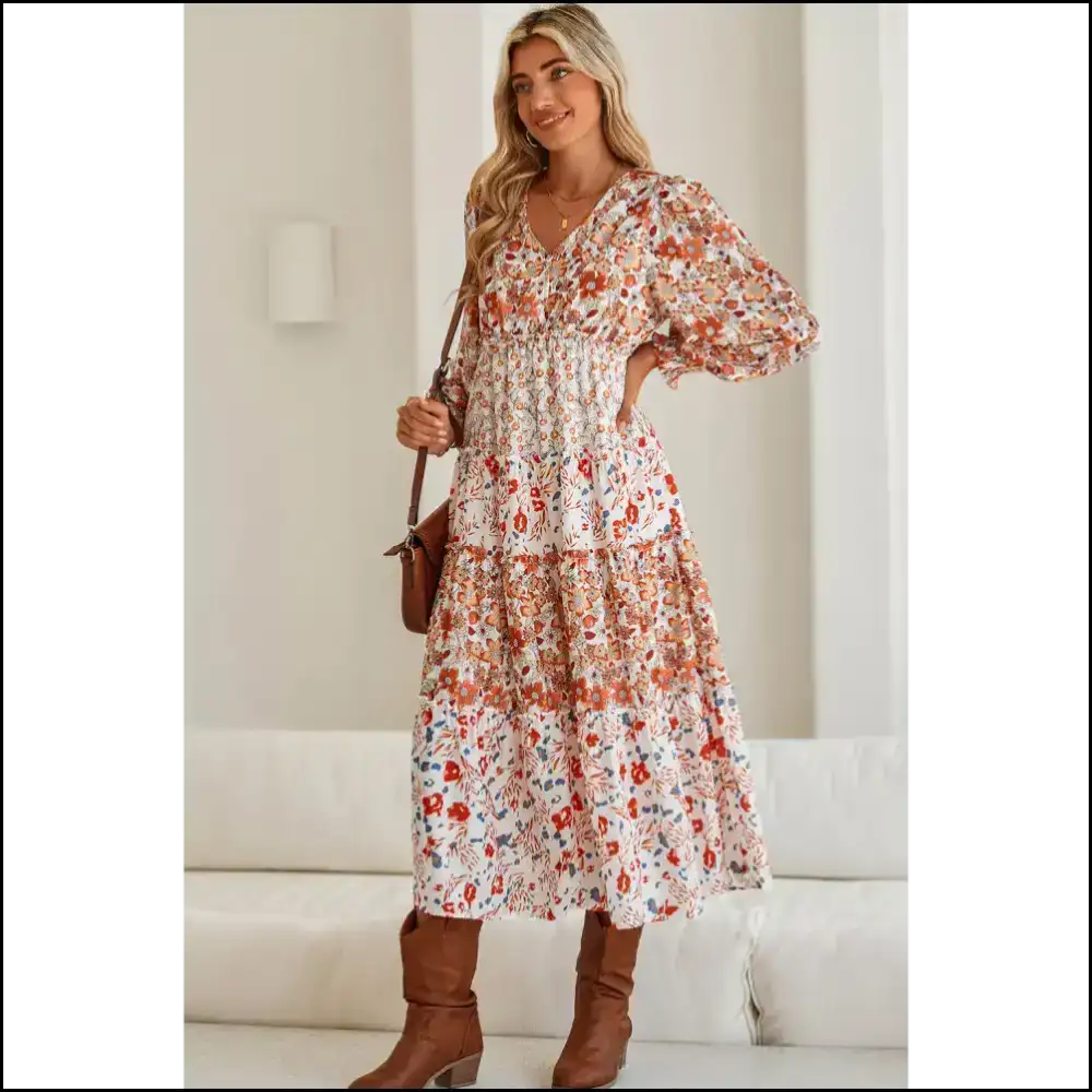 Khaki Floral Print Dress: Queen no Crown Needed ๐ Midi Dresses
