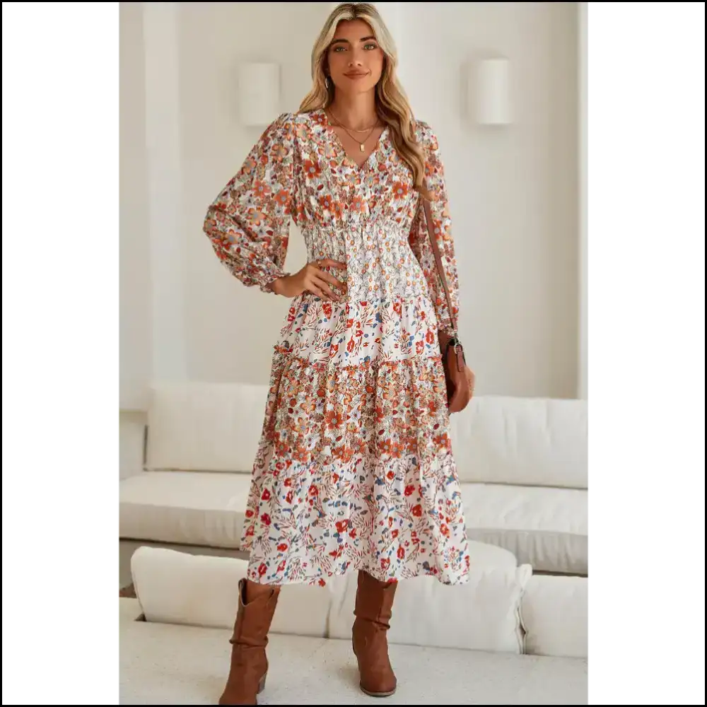 Khaki Floral Print Dress: Queen no Crown Needed ๐ Midi Dresses