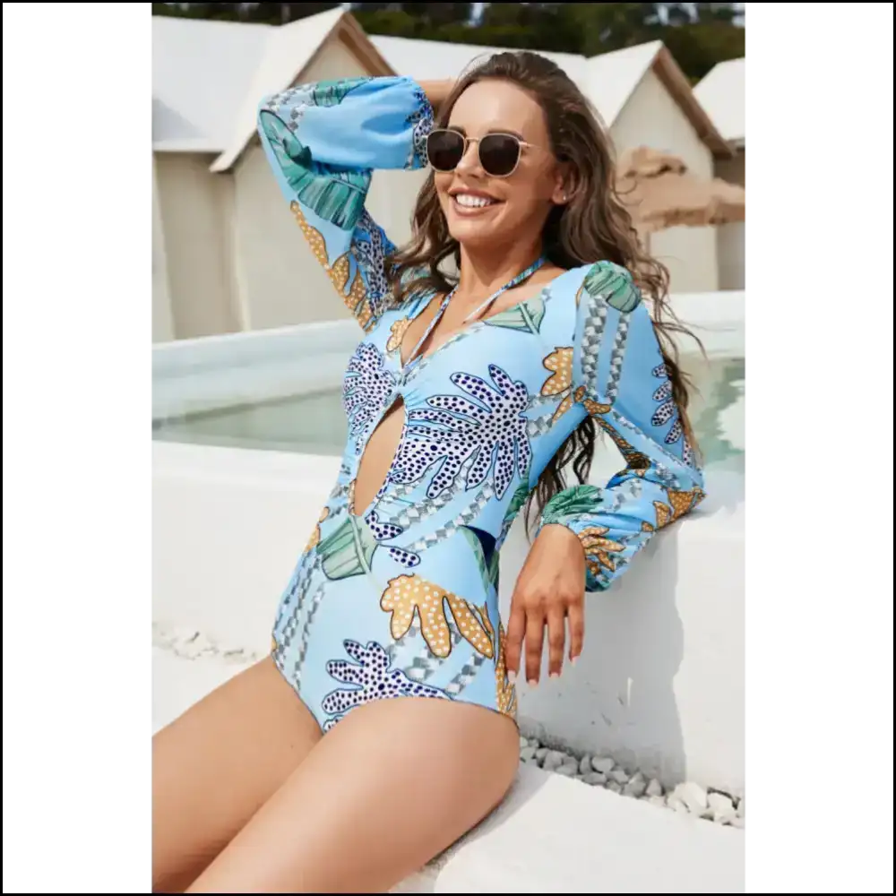 Mermaid Vibes with our Cutout Printed Balloon Sleeve Swimsuit 🧜♀️✨ - Light Blue / l - One-piece
