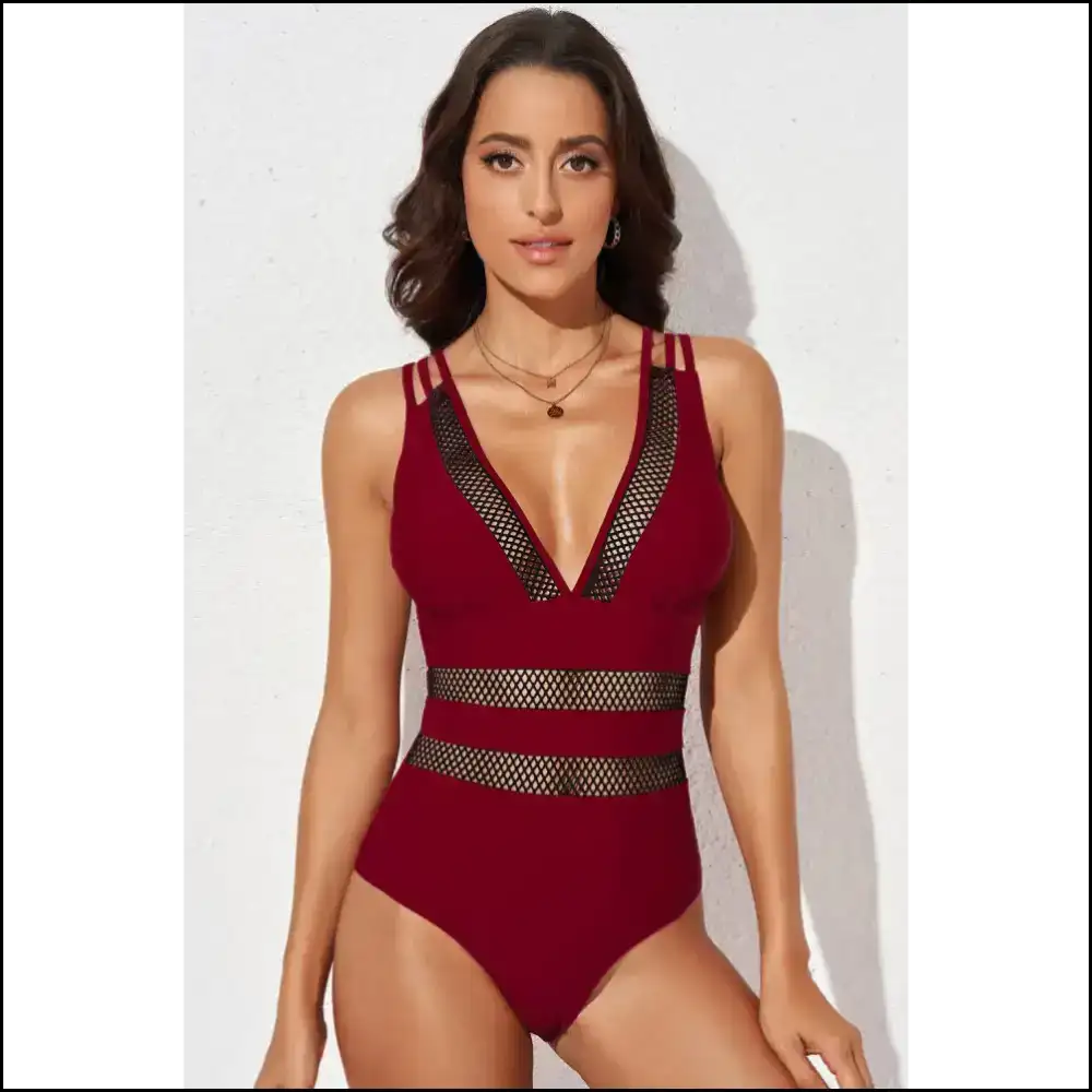 Flirty Floral Mesh Plunge one Piece Swimsuit Red / m