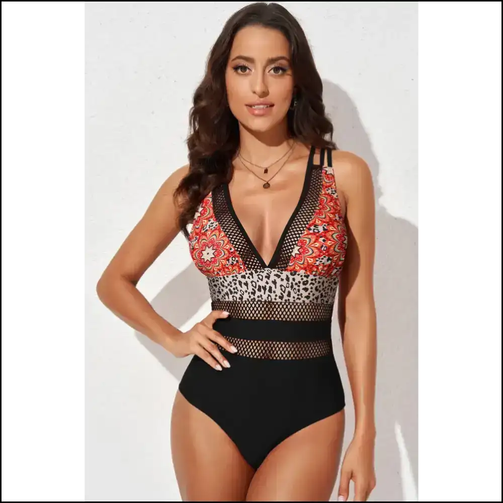 Flirty Floral Mesh Plunge one Piece Swimsuit Leopard / 2xl