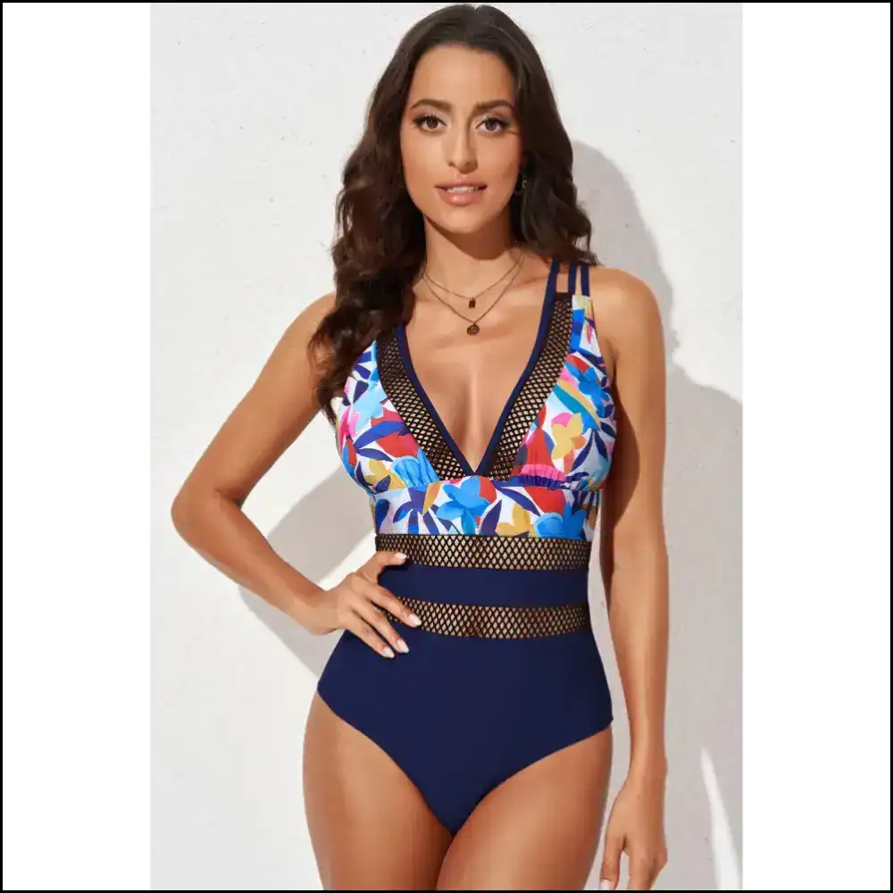 Flirty Floral Mesh Plunge one Piece Swimsuit Blue / 2xl
