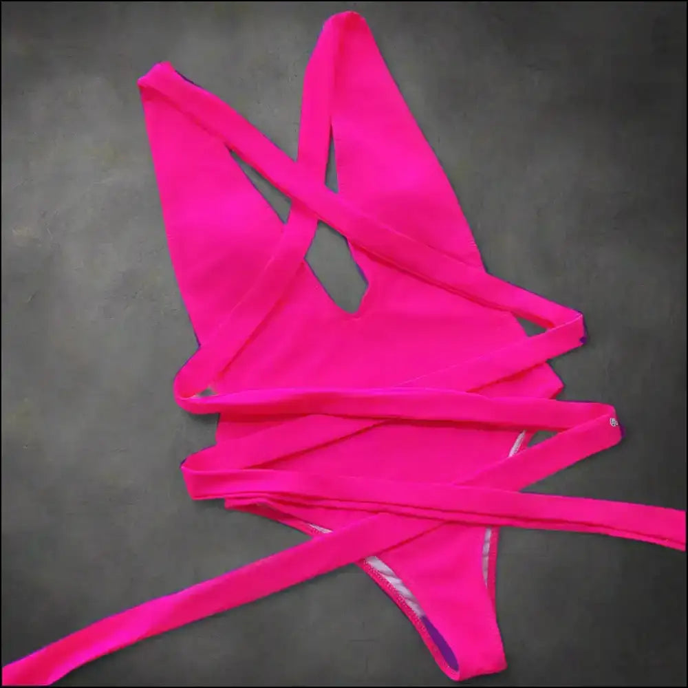 Halter Neck Deep v Tied One-piece Swimsuit - Hot Pink / s