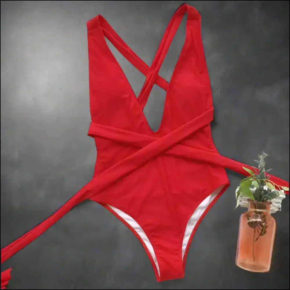 Halter Neck Deep v Tied One-piece Swimsuit - Red / s