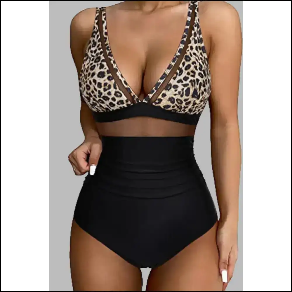 Channel your Inner Cat Lady in our Leopard V-neck Wide Strap One-piece ๐ - Black / s - One-piece