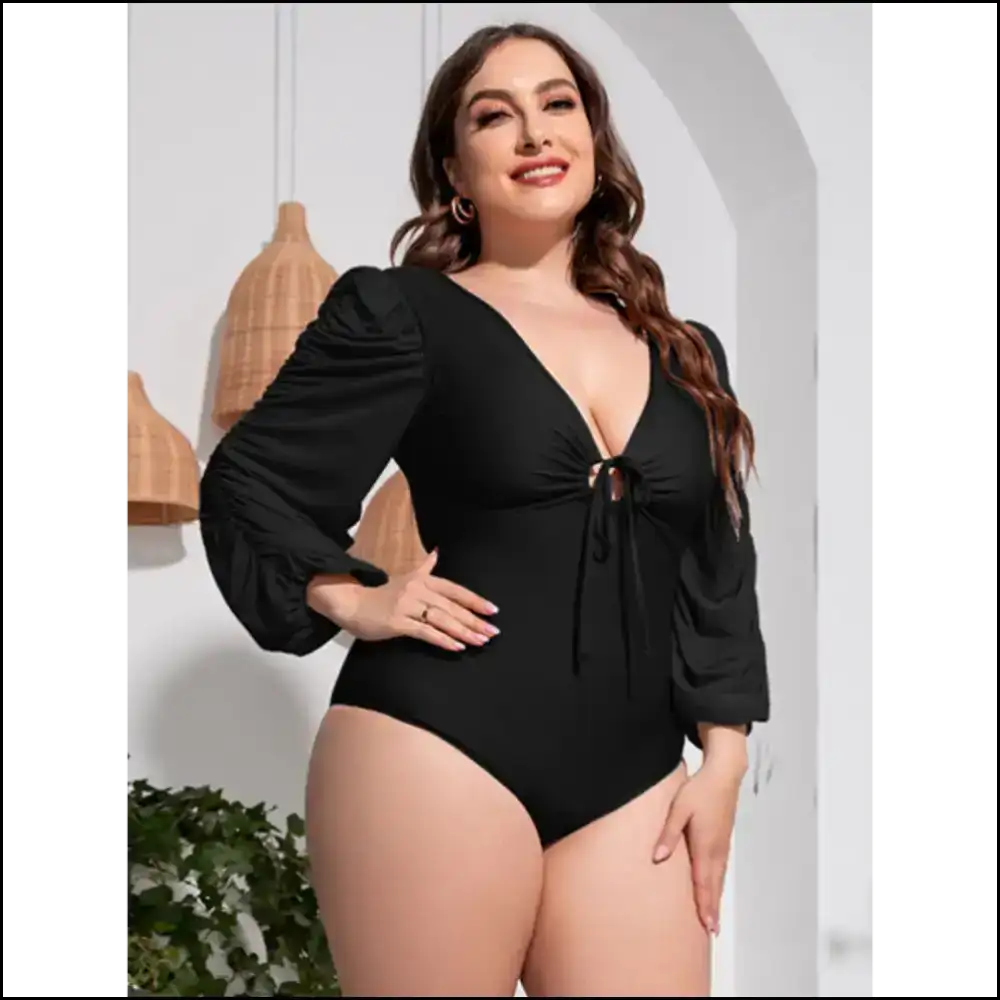 Plus Size Tied Deep v Balloon Sleeve Swimsuit - Black / 4xl - One-piece