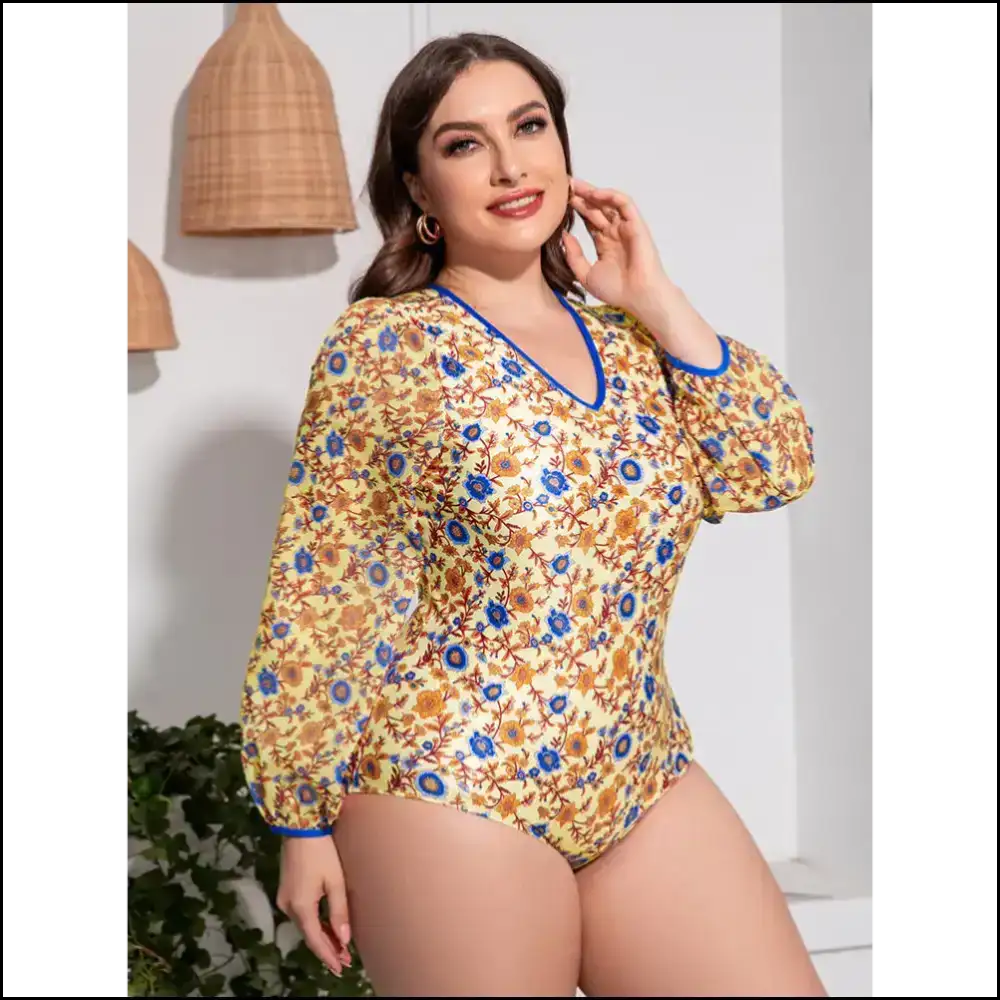 Dive Into Curves: One-piece Floral Fun with Long Sleeves! πβ¨ - One-piece