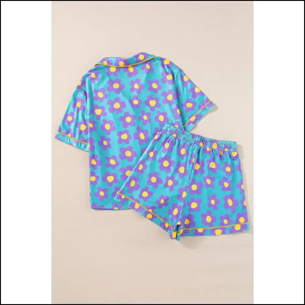 Sky Blue Floral Contrast Trim: Pajamas for People who Relax 😴 - Plus Size Matching Sets