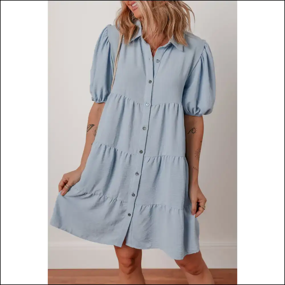 Beau Blue Puff Sleeve Button-up Shift Dress - Short Dresses