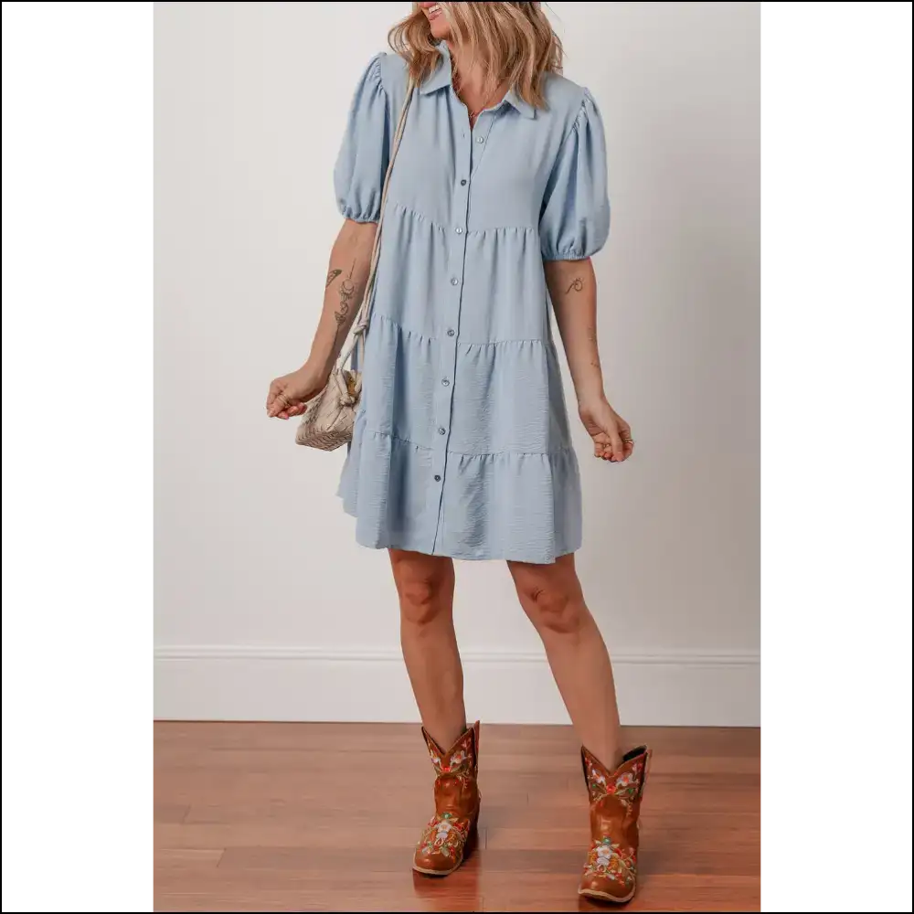 Beau Blue Puff Sleeve Button-up Shift Dress - Short Dresses