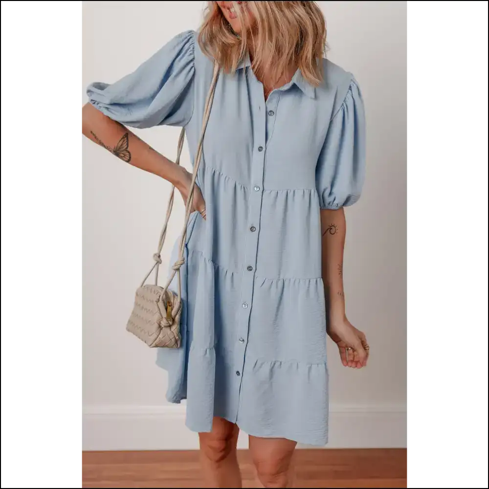 Beau Blue Puff Sleeve Button-up Shift Dress - Short Dresses