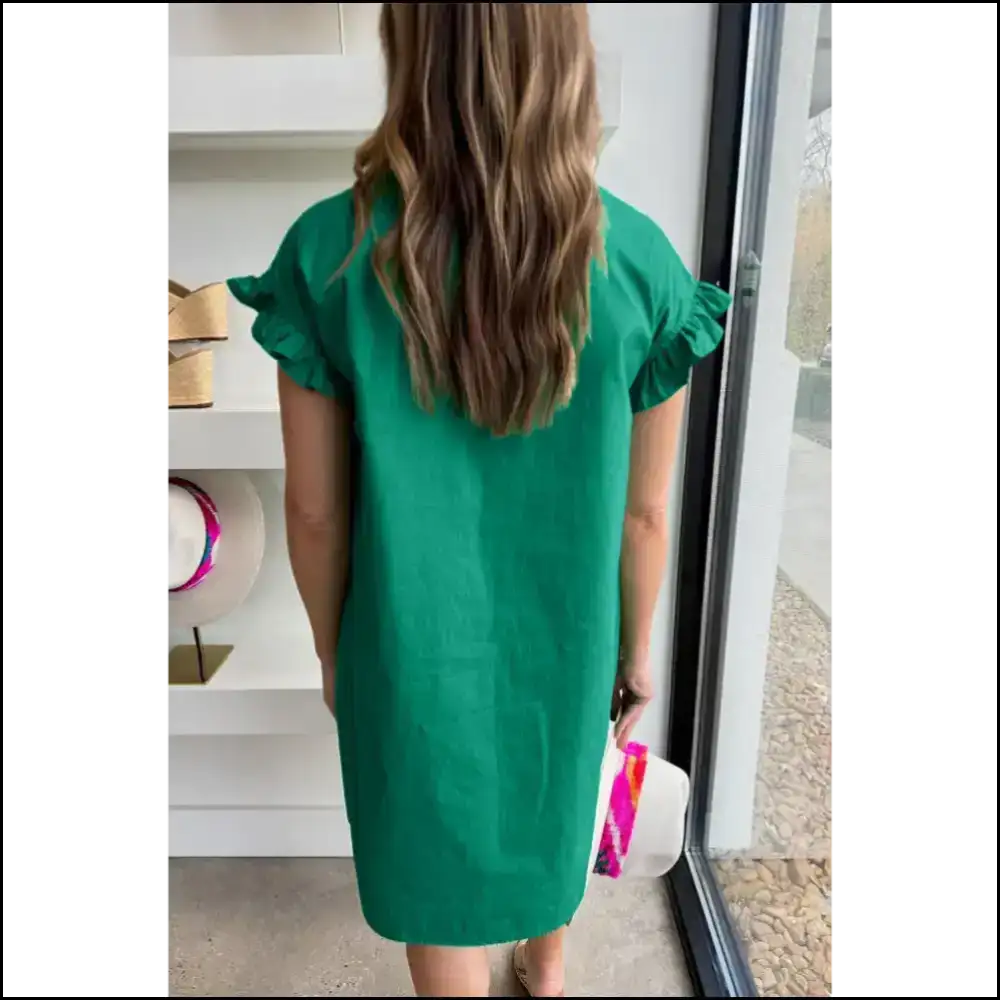 Bright Green Dress: Ruffle Sleeve Button Sassy! π Needful Things Short Dresses