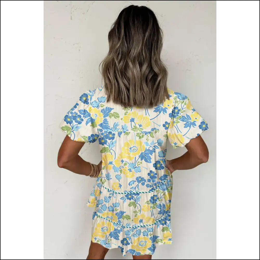 Chic Blue Floral Puff Sleeve Mini Dress Short Dresses