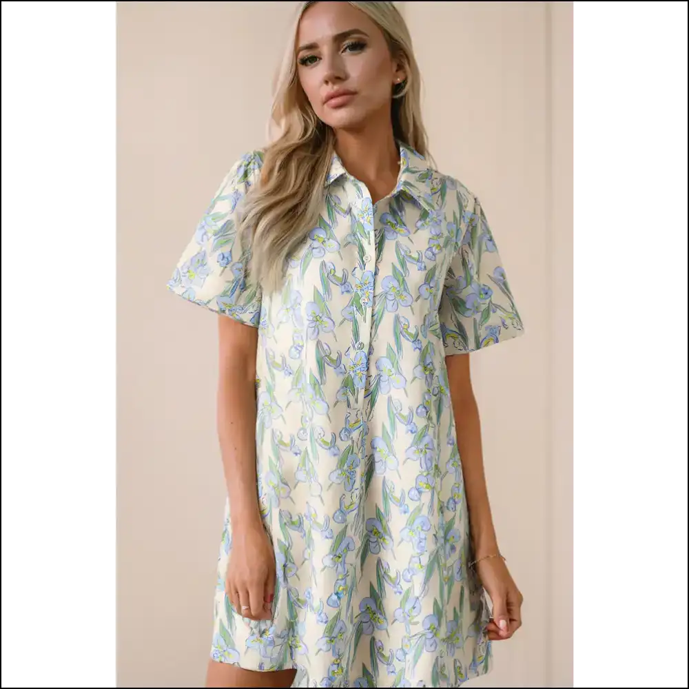 Flirty Green Floral Mini Dress with Half Buttons Short Dresses
