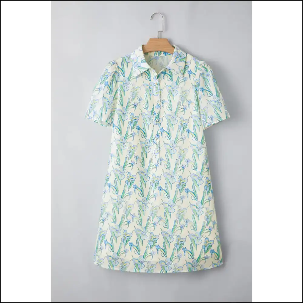 Flirty Green Floral Mini Dress with Half Buttons Short Dresses
