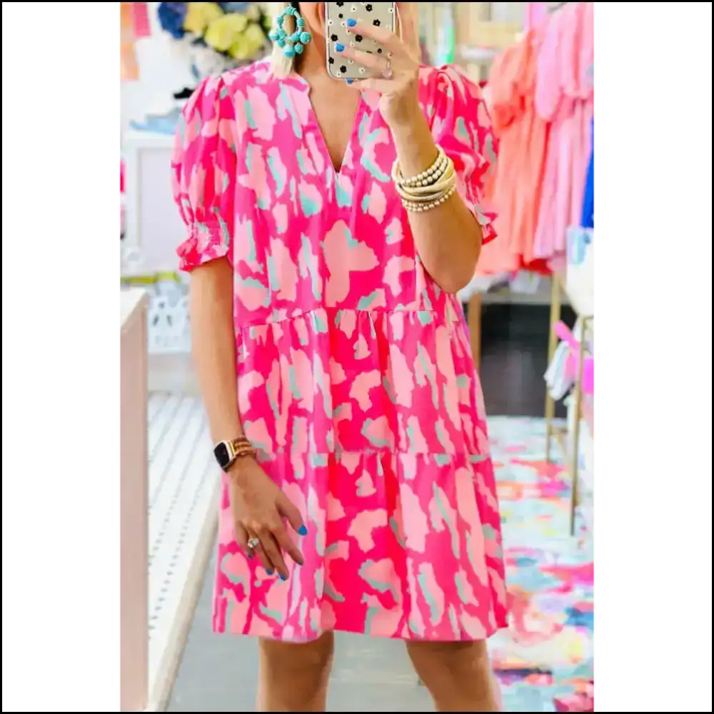 Pink Abstract Mini Dress: Neck Smocked Sleeves! 😈 Needful Things / s Short Dresses